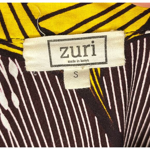 ZURI Kenya S Small Walking on Sunshine Yellow Brown Print 3/4 Slv Shirt Dress - Picture 2 of 9